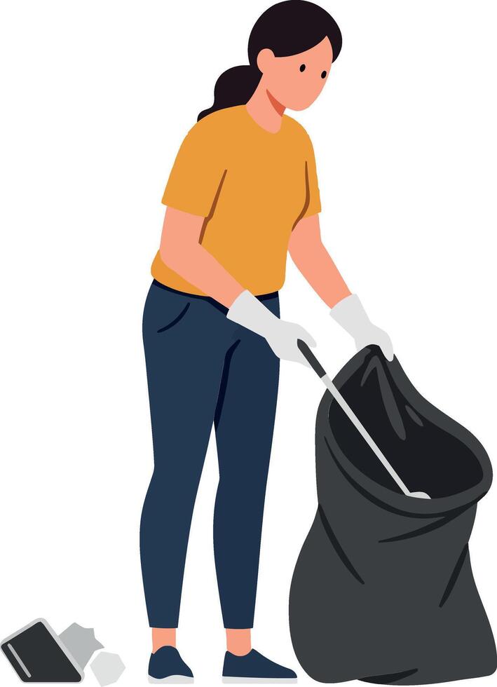 A woman cleaning up litter and collecting trash in a black bag with a minimal illustration vector