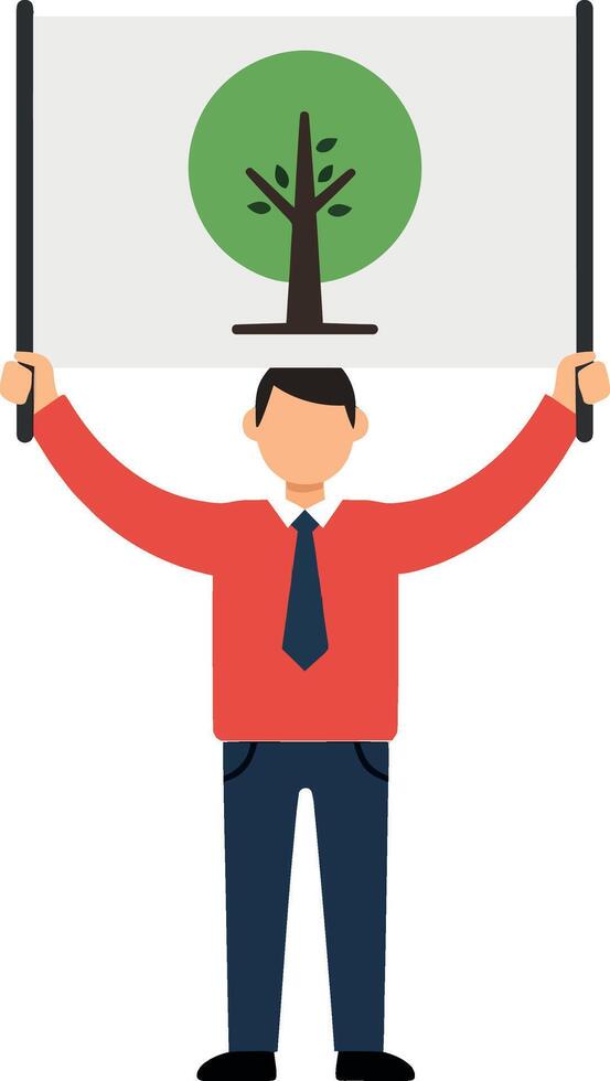 A man holding a sign with a tree illustration in flat design art vector