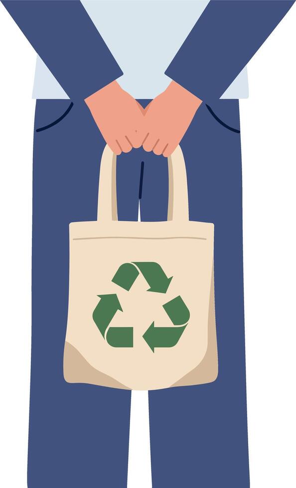 Person holding a reusable bag with a recycling symbol in a minimal illustration vector