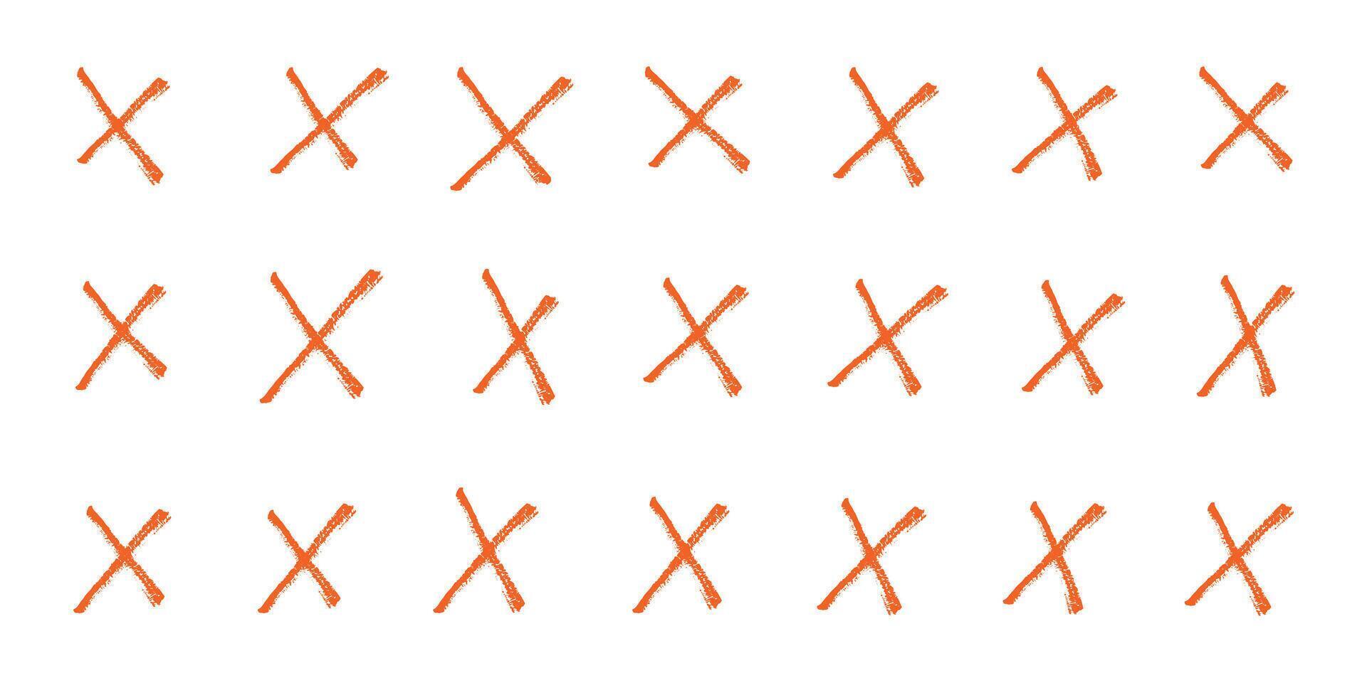 Hand drawn crayon red crosses. Doodle brush handwritten. Marker stroke, child scribble. Strikethrough x pen lines. Grunge chalk cross set. Isolated illustration on white background. vector