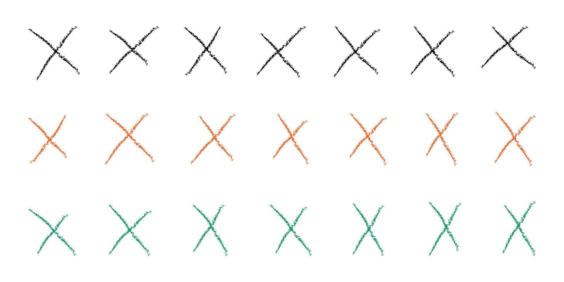 Hand drawn crayon color crosses. Doodle brush handwritten. Marker stroke, pen scribble. Strikethrough x lines. Grunge chalk cross set. Child isolated illustration on white background. vector