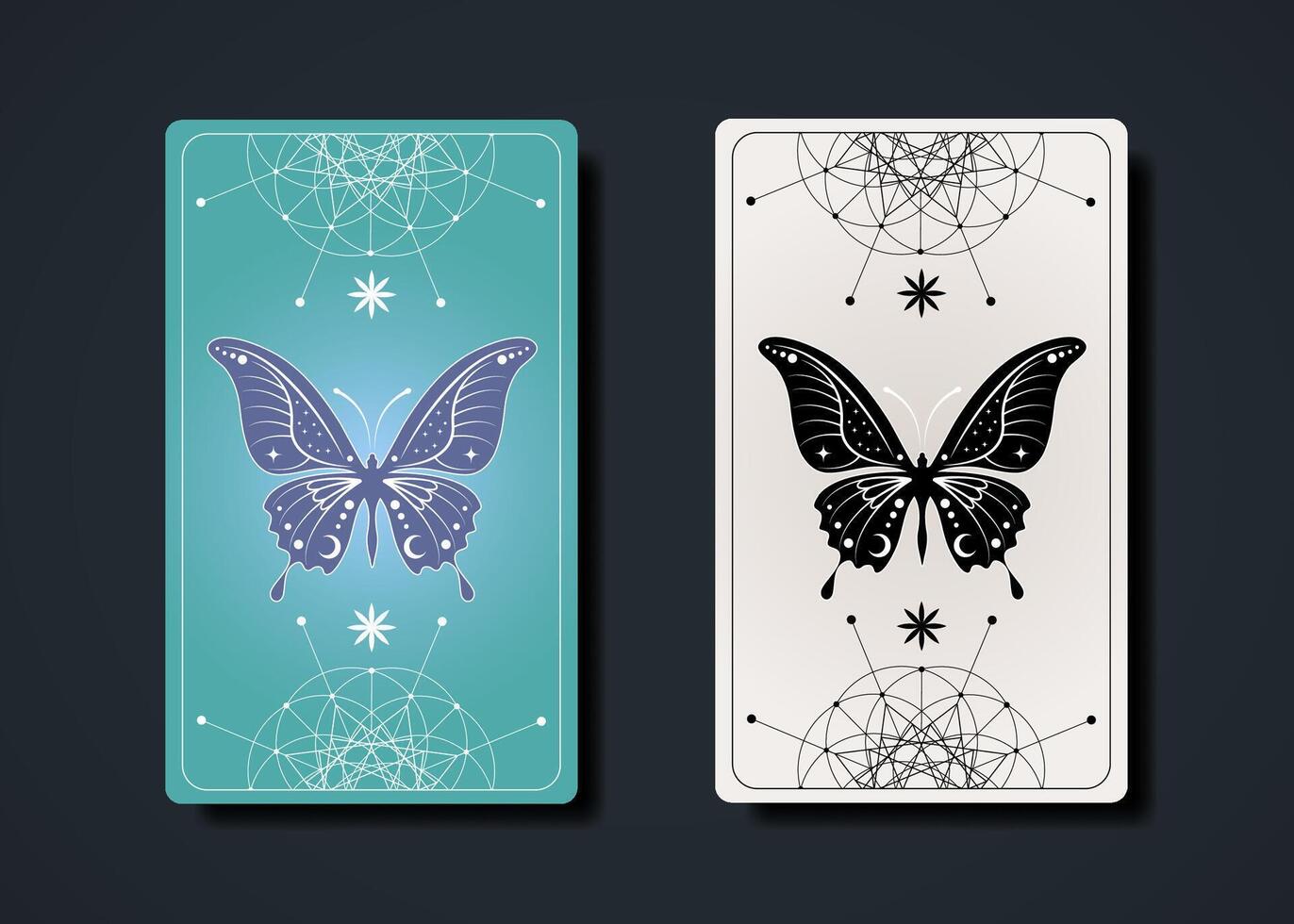 Set tarot cards, esoteric butterfly occult sacred geometry sign, boho spiritual symbols, Flower of Life. Magic Seed of life sacred mandala. Colorful vintage illustration collection vector