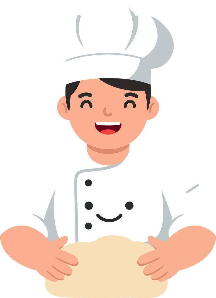 Smiling chef in white uniform showcasing dough in a playful and minimal illustration vector