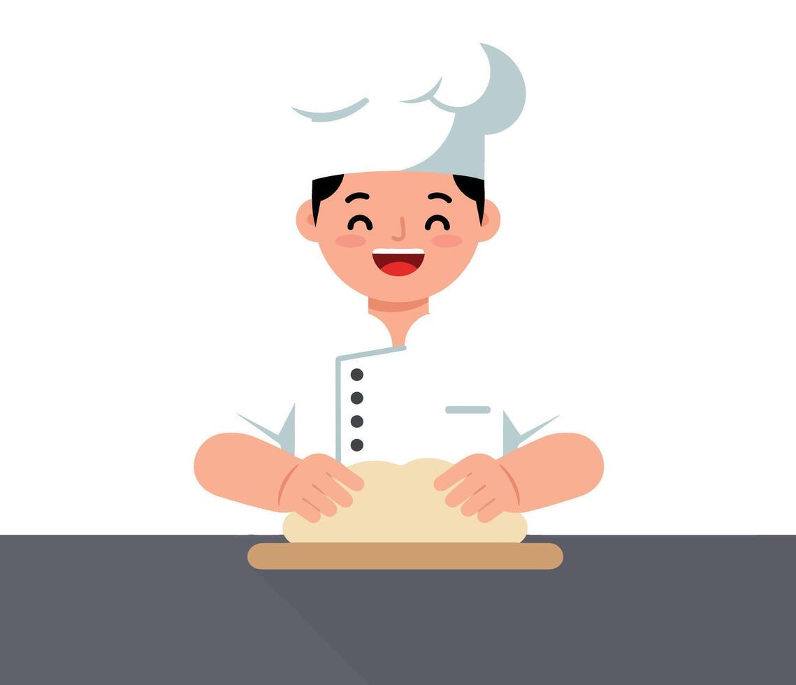 Cheerful chef kneading dough in a minimal style kitchen, showcasing culinary skills in vibrant art vector