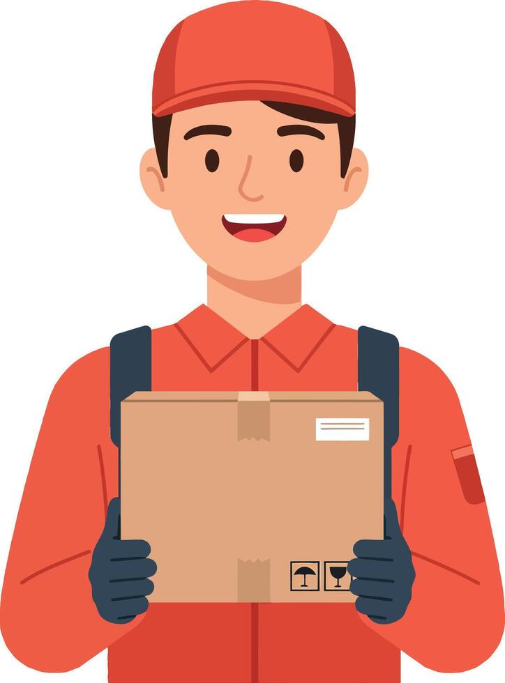 Delivery person in red uniform smiling while holding a package in flat art vector