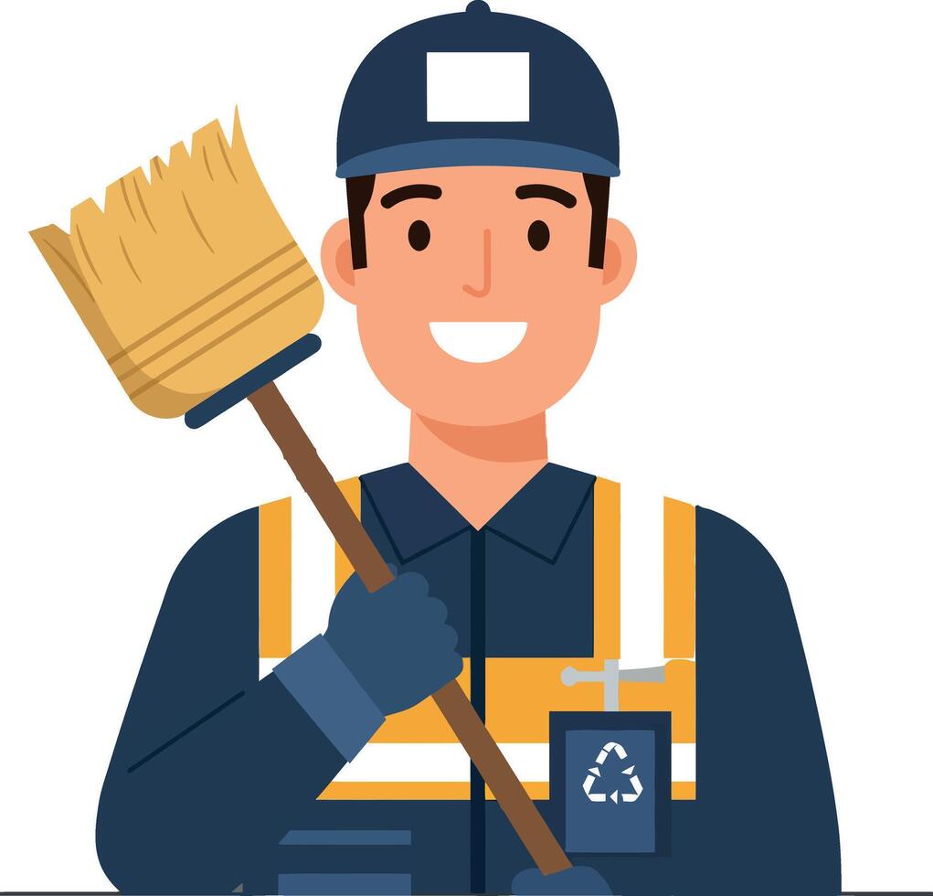 Smiling sanitation worker in uniform holding a broom in flat art vector