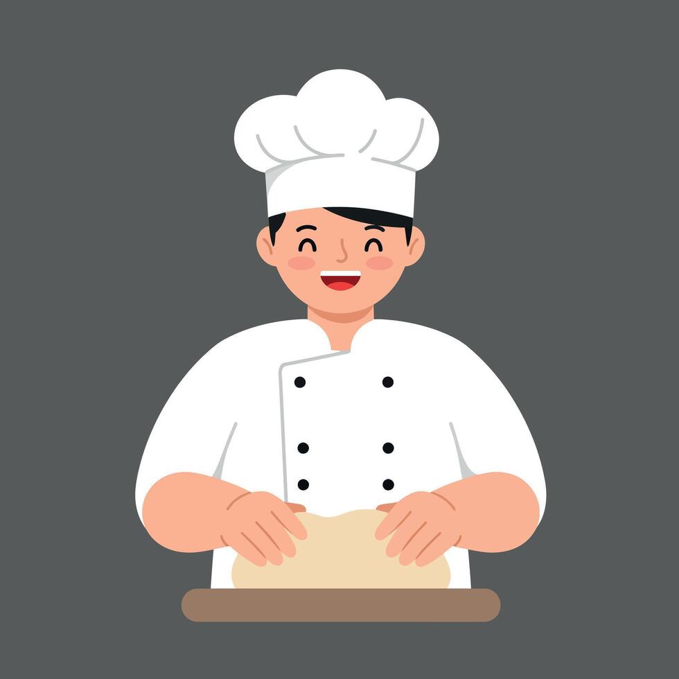 Chef in white uniform happily kneading dough on a wooden surface in flat art vector