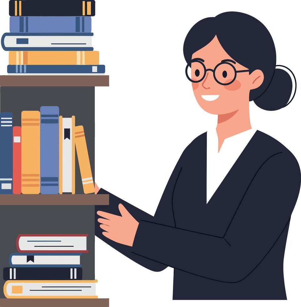 A woman organizing books on a shelf in a flat design illustration vector