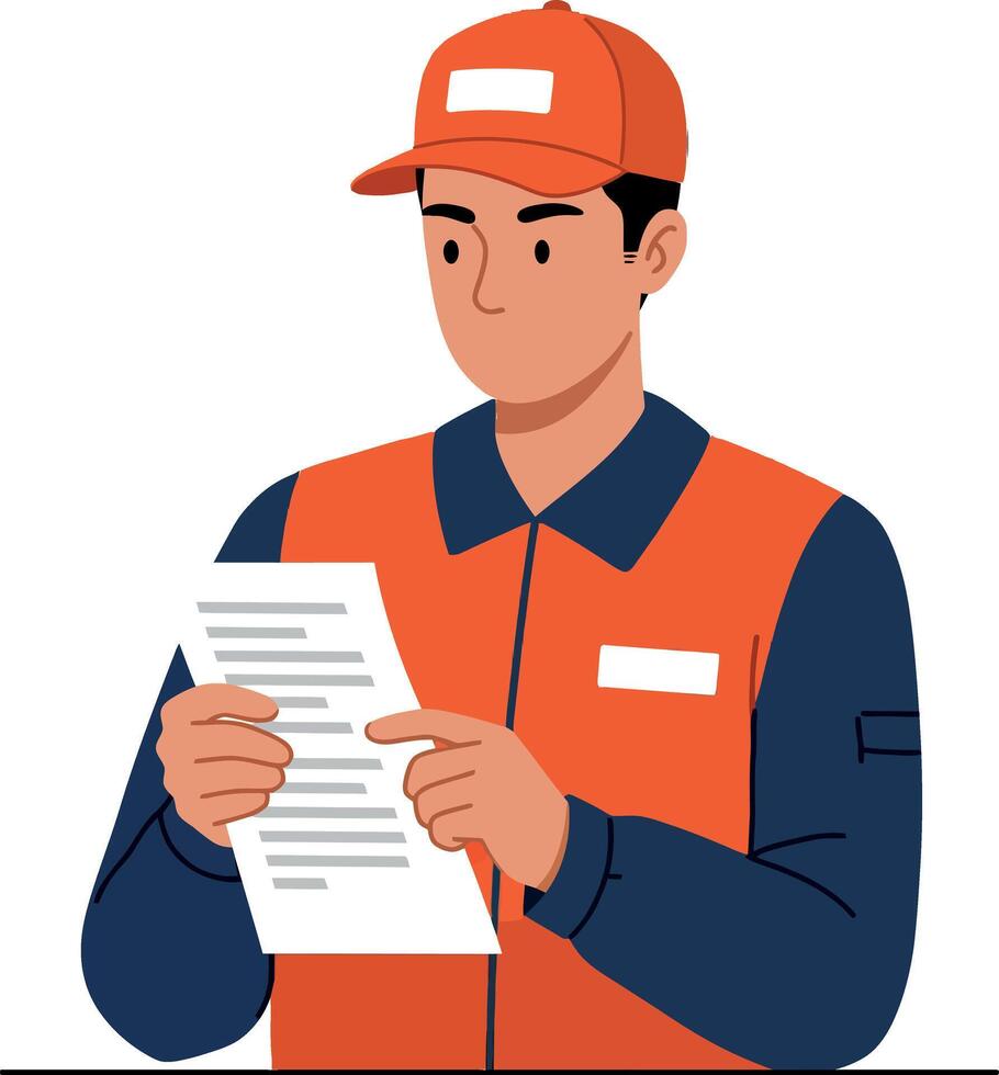 Worker in Orange Uniform Holding Document in Detailed Flat Art vector