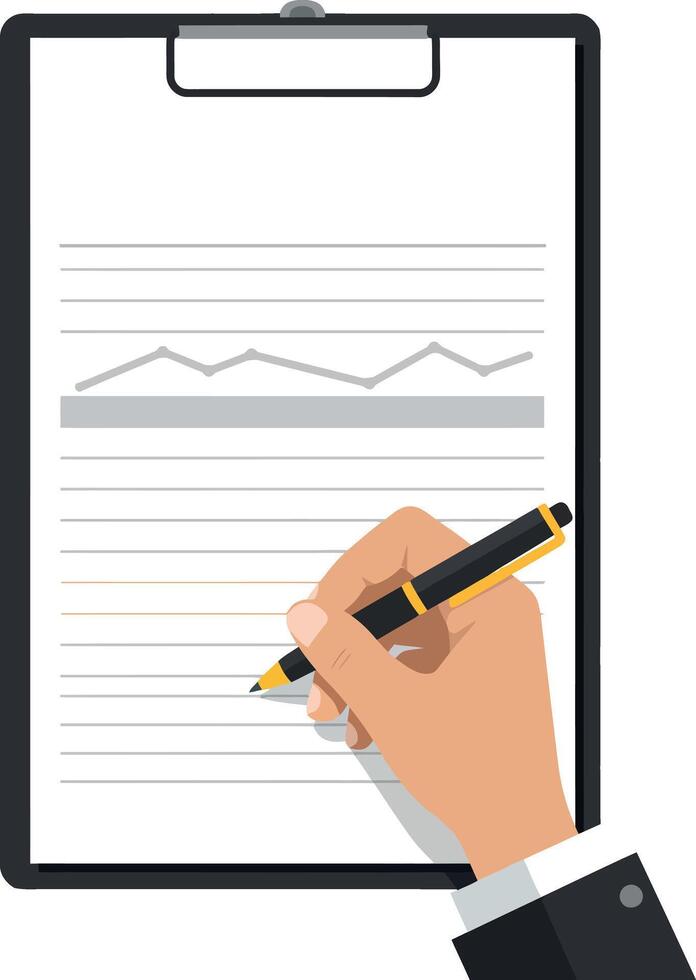 Hand holding a pen writing on a clipboard in minimal flat design art vector