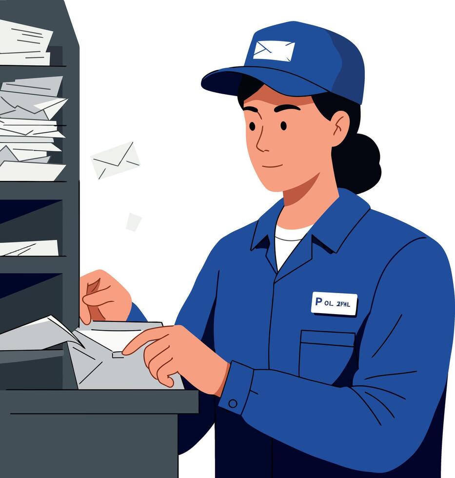 Postal worker sorting letters at a mail station in a flat illustration vector