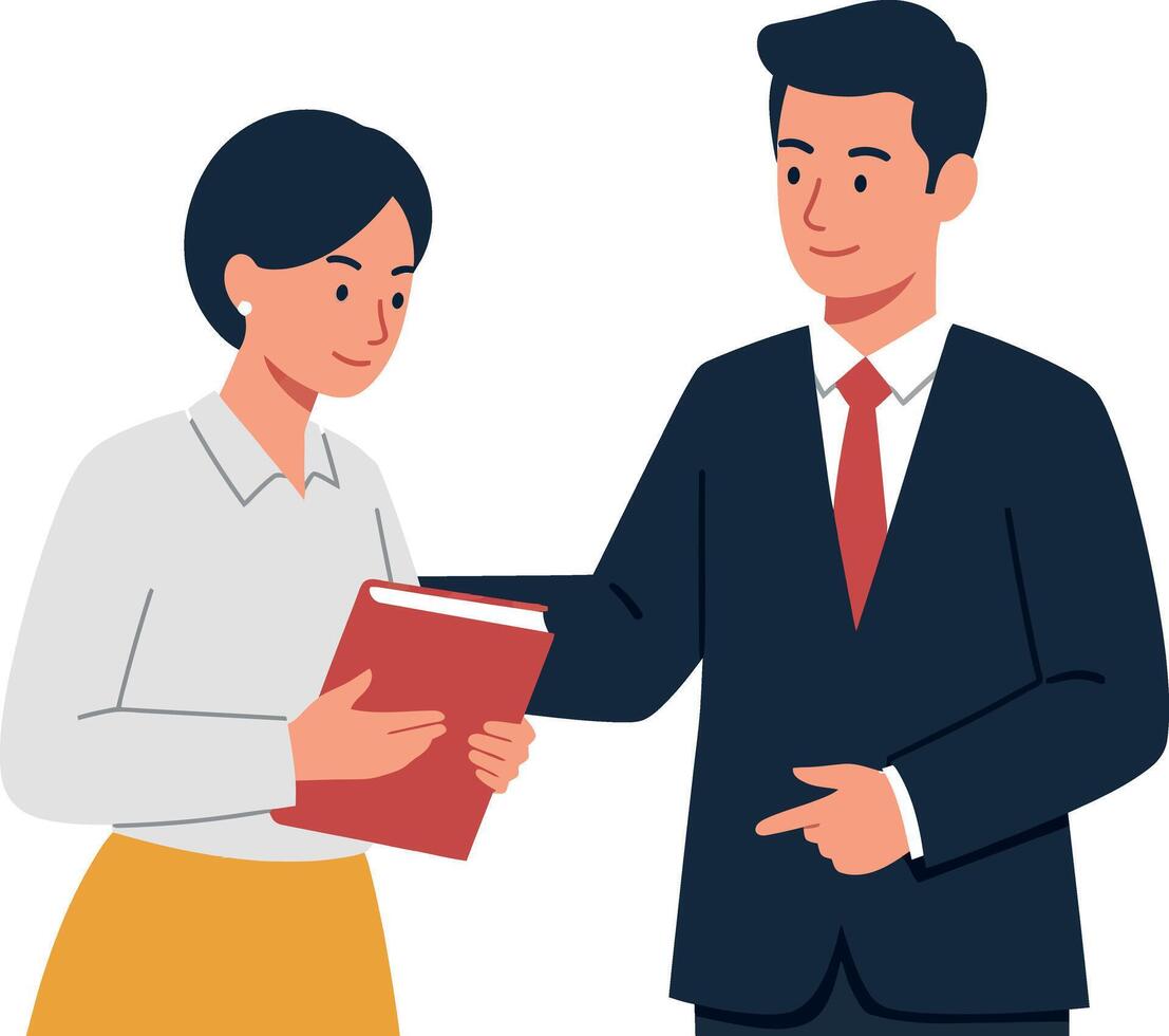 Two professional individuals exchanging a book in a bright office setting, flat illustration vector