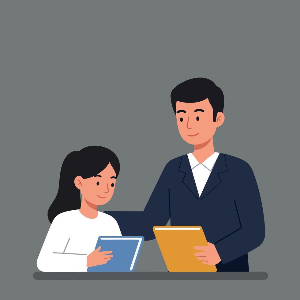 A man and a girl discussing books in a cozy setting, flat illustration vector
