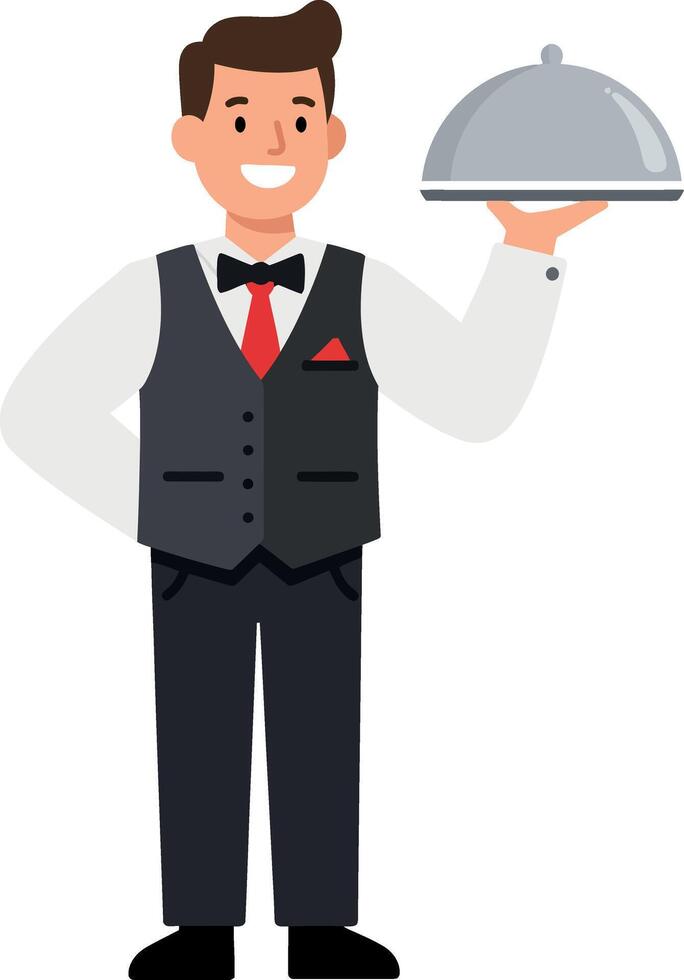 Professional waiter in formal attire presenting a silver cloche in a flat illustration vector