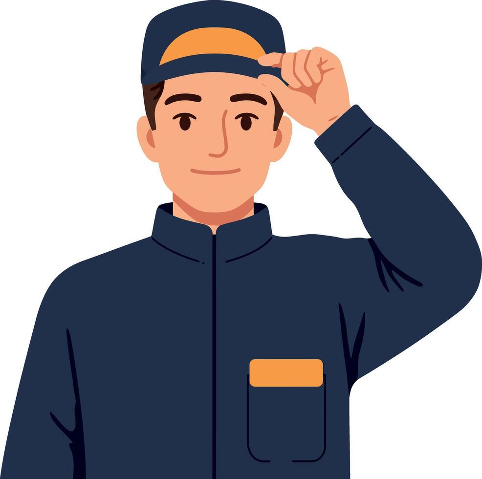 Young man in uniform with cap, smiling and saluting in a flat illustration vector