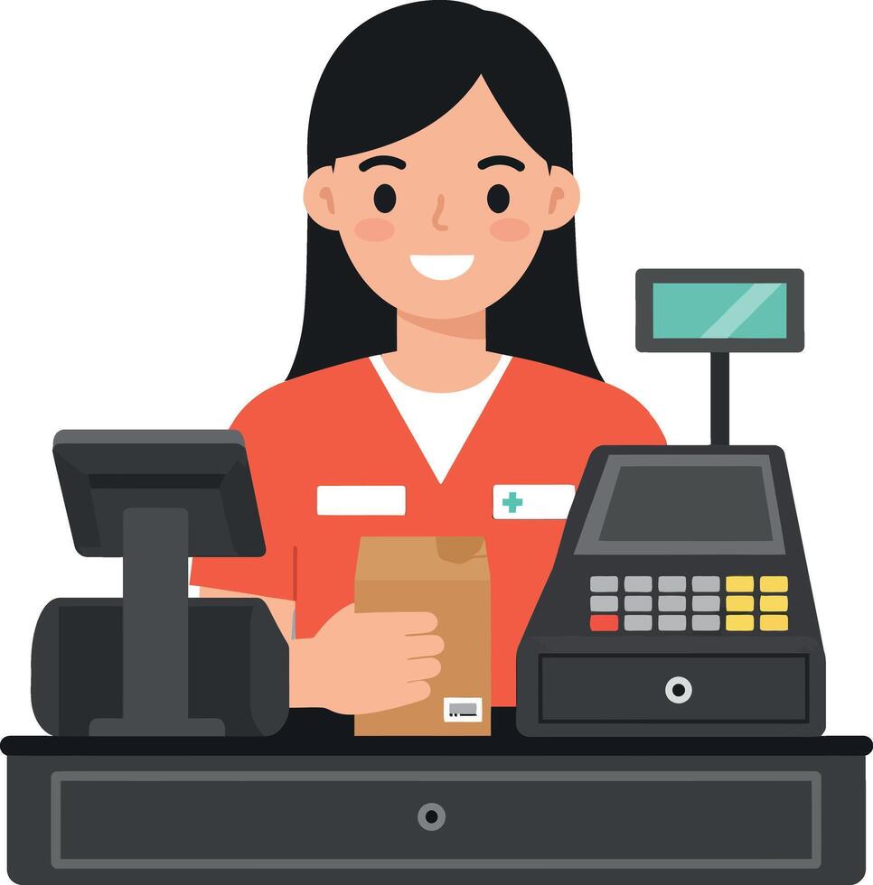 Friendly cashier in a red uniform at the checkout counter, minimal illustration vector