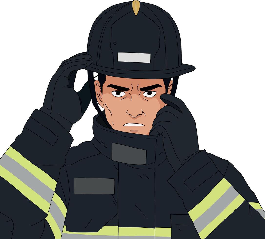 Firefighter adjusting his helmet in a flat illustration showcasing bravery and readiness for action vector