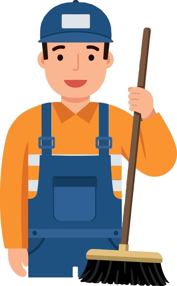 A smiling maintenance worker in blue overalls holding a broom in a flat illustration vector