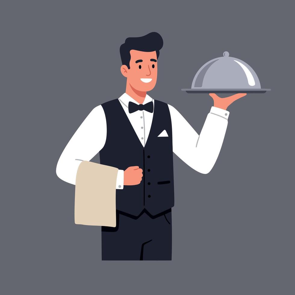 Professional waiter in formal attire serving a silver cloche in flat art vector