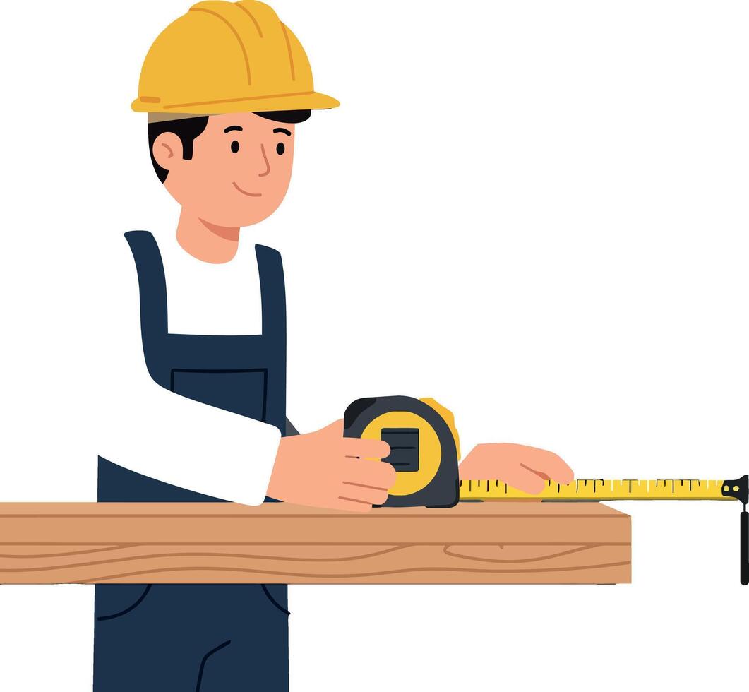 Construction worker measuring wooden plank with tape measure in flat art vector