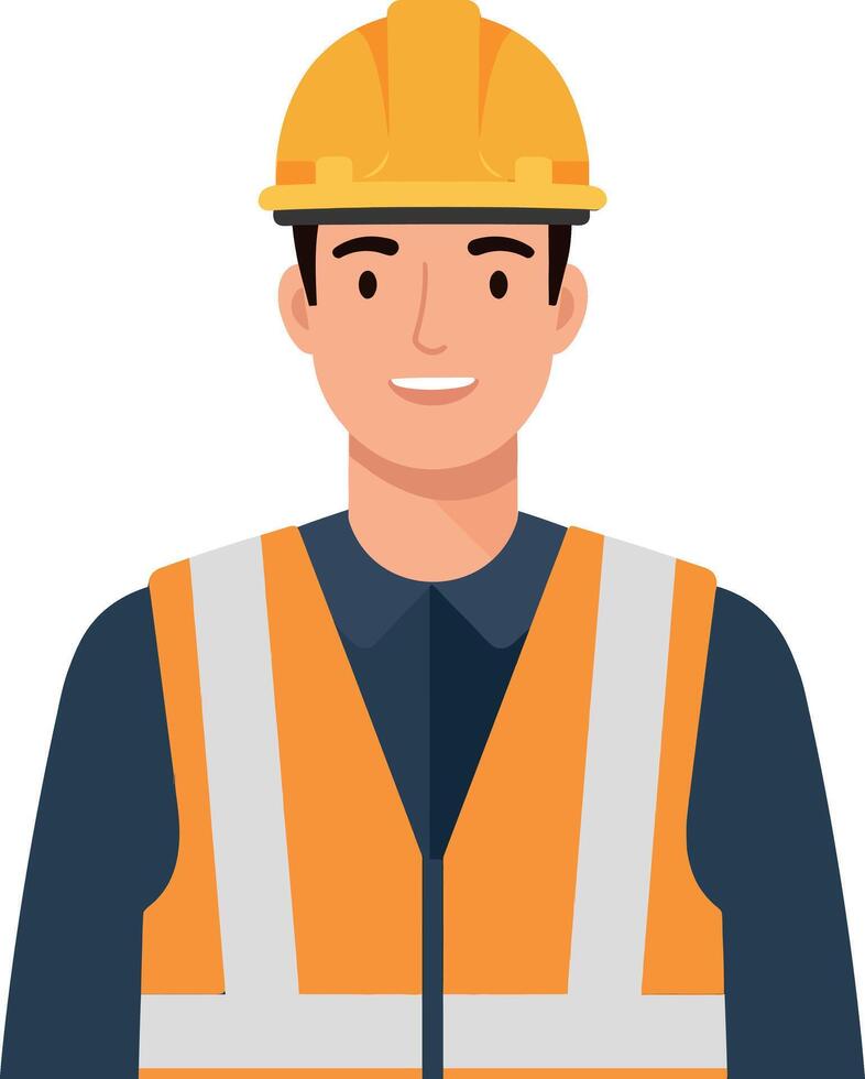 Construction worker wearing safety helmet and vest in flat illustration vector
