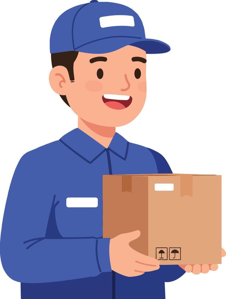 Delivery person holding a cardboard box with a cheerful expression in flat art vector