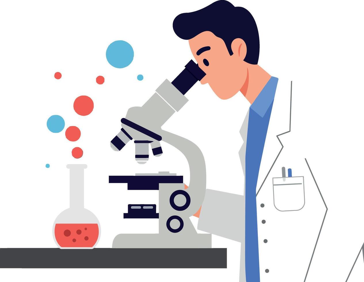 Scientist examining samples through microscope in flat art style with lab equipment and colorful elements vector
