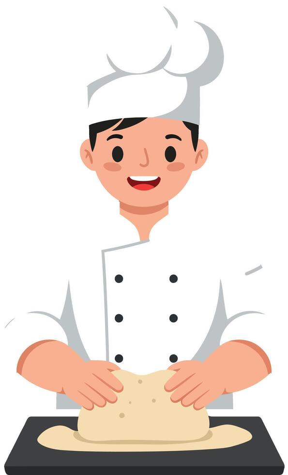 A cheerful chef kneading dough on a black countertop in minimal art vector