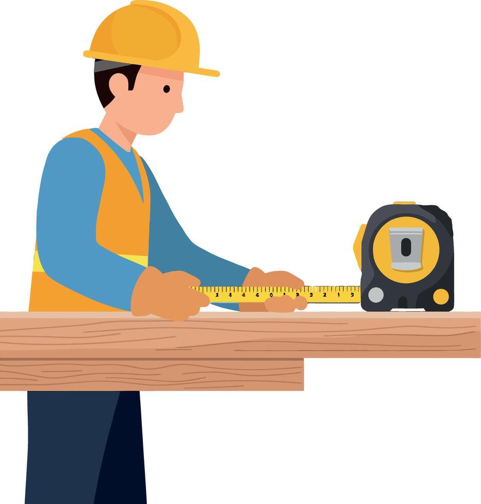 Construction worker measuring wood with a tape measure in flat art vector