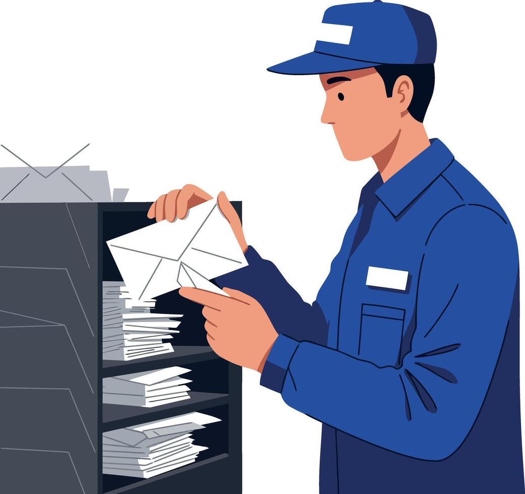 Postal worker in blue uniform sorting letters in a modern office, flat illustration vector