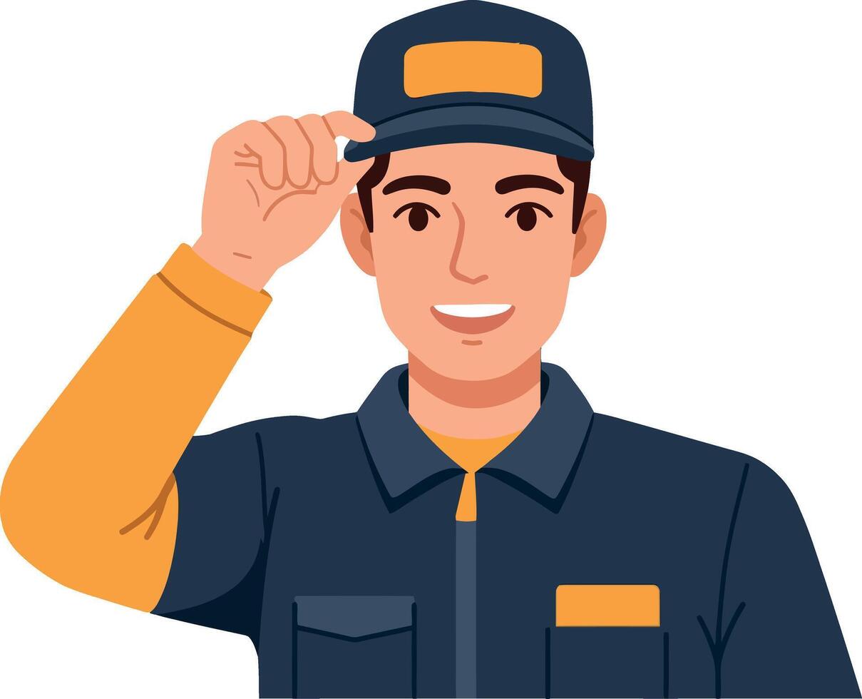 Friendly man in work uniform smiling and tipping his cap in a flat illustration vector