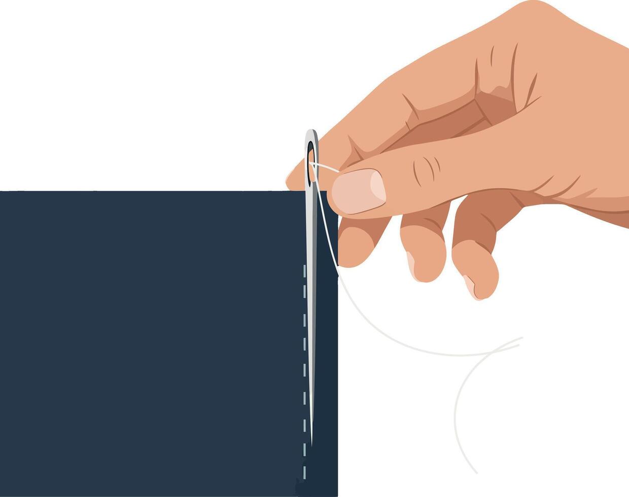 Hand holding needle threading through dark fabric in flat art vector