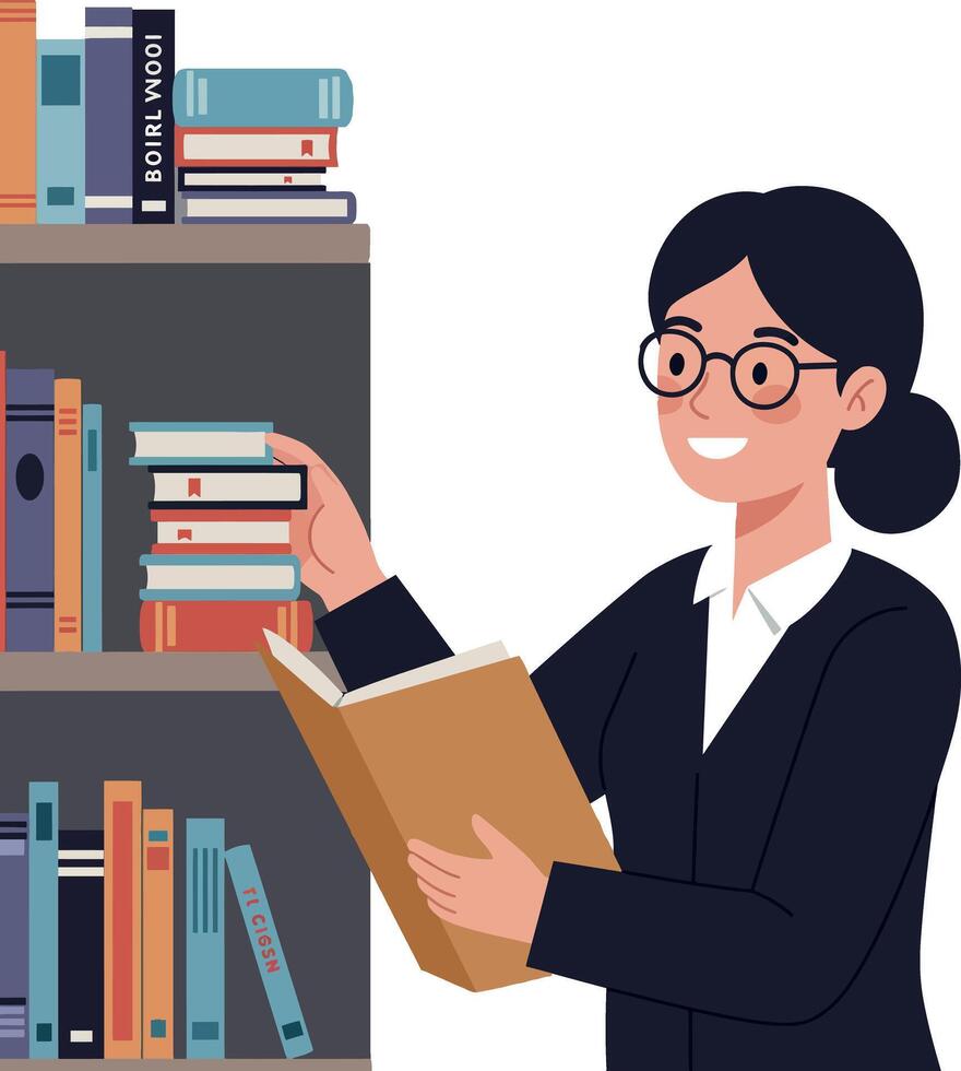 Woman in a black suit smiling while holding a book near a bookshelf in flat art vector