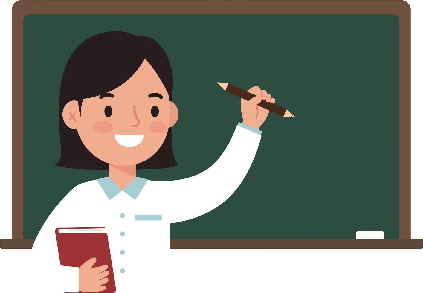Smiling teacher with a chalkboard holding a pencil and book in a flat illustration vector