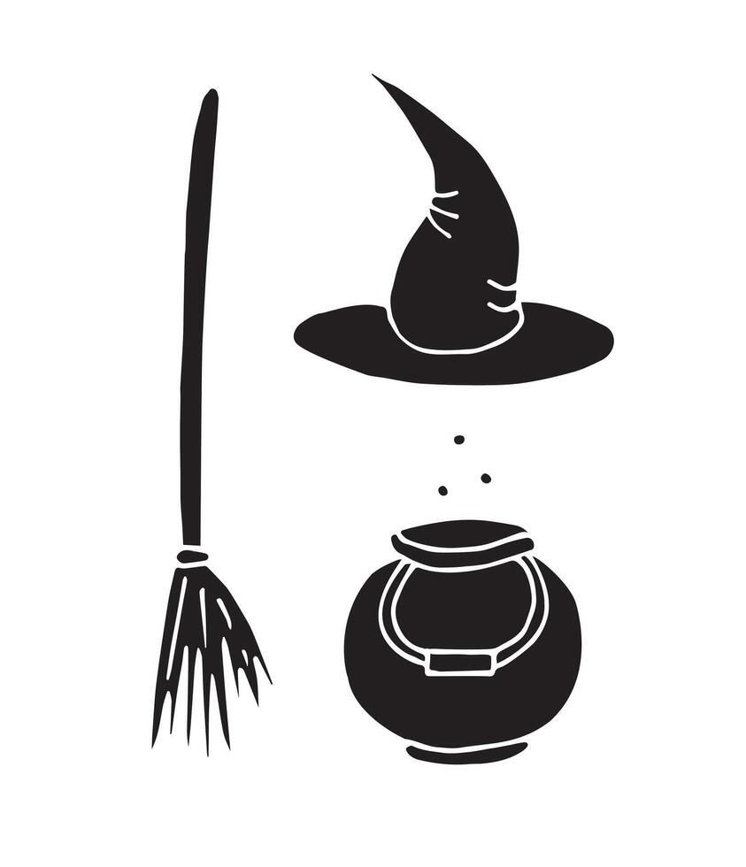 Set bundle of hand drawn doodle sketch witch hat bowl and broom isolated on white background vector