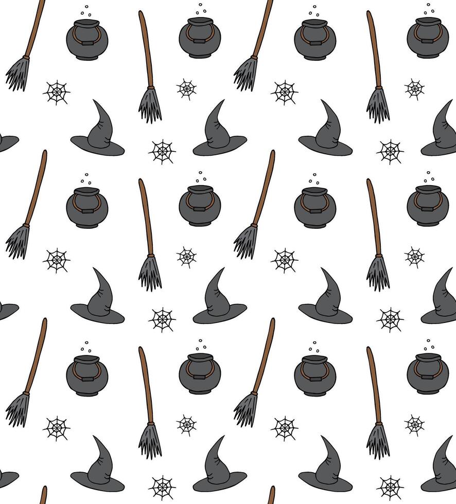 Seamless pattern of black hand drawn doodle sketch witch hat bowl and broom vector