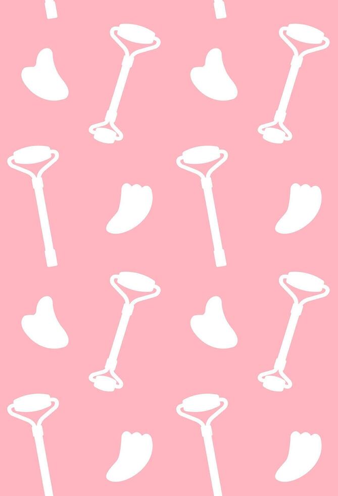 Seamless pattern of flat cartoon stone massage roller and gua sha vector