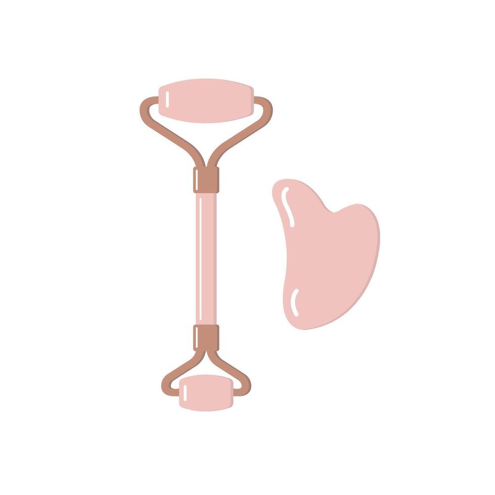 Flat cartoon rose quartz massage roller and gua sha isolated on white background vector