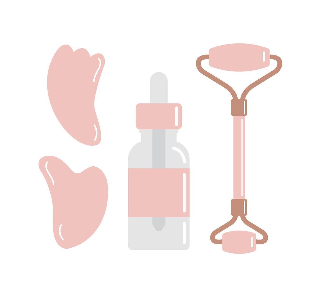 Set bundle of stone massage roller gua sha and oil bottle vector
