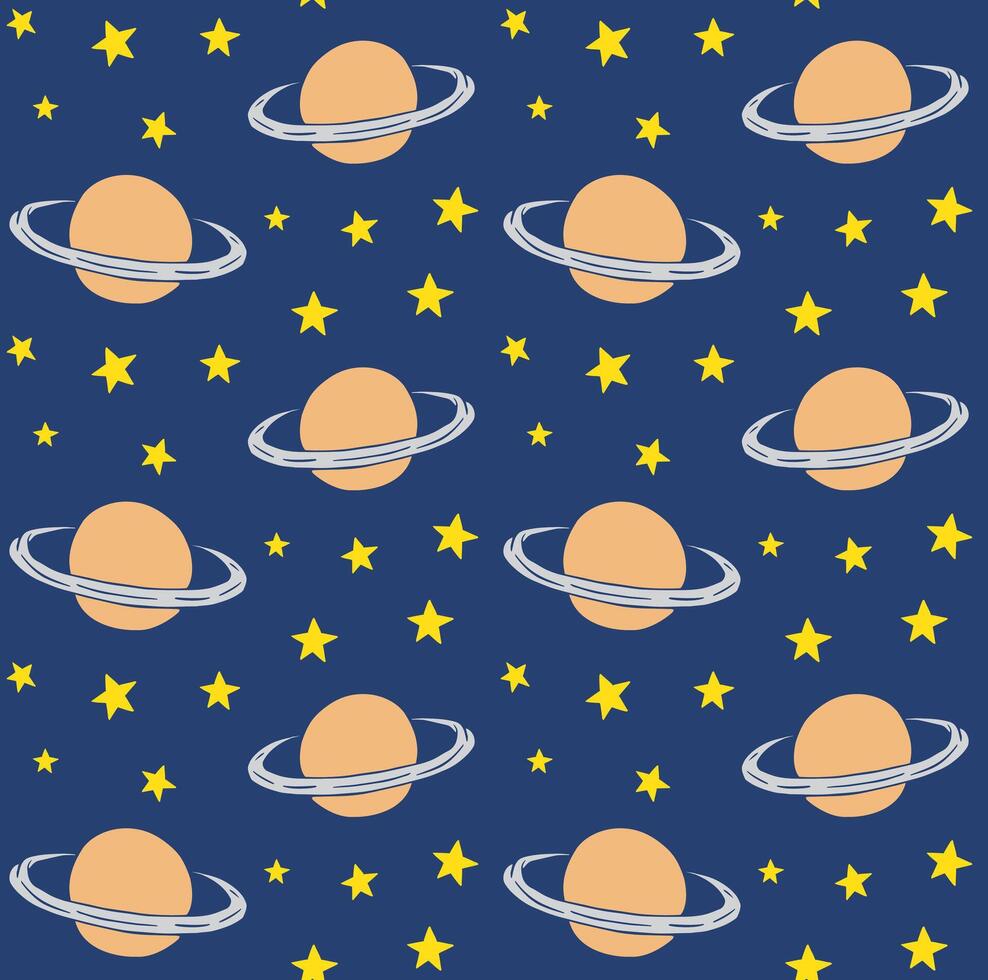 Seamless pattern of hand drawn sketch saturn planet and stars vector