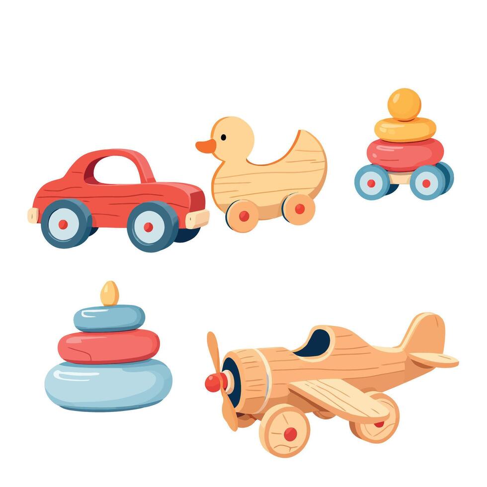 Wooden toys collection featuring car, duck, plane and stacking rings vector