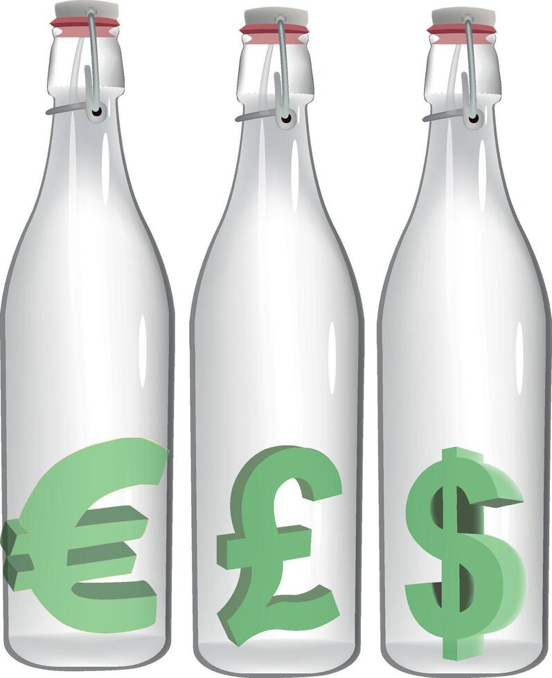 Three bottles with dollar, euro and pound symbols vector