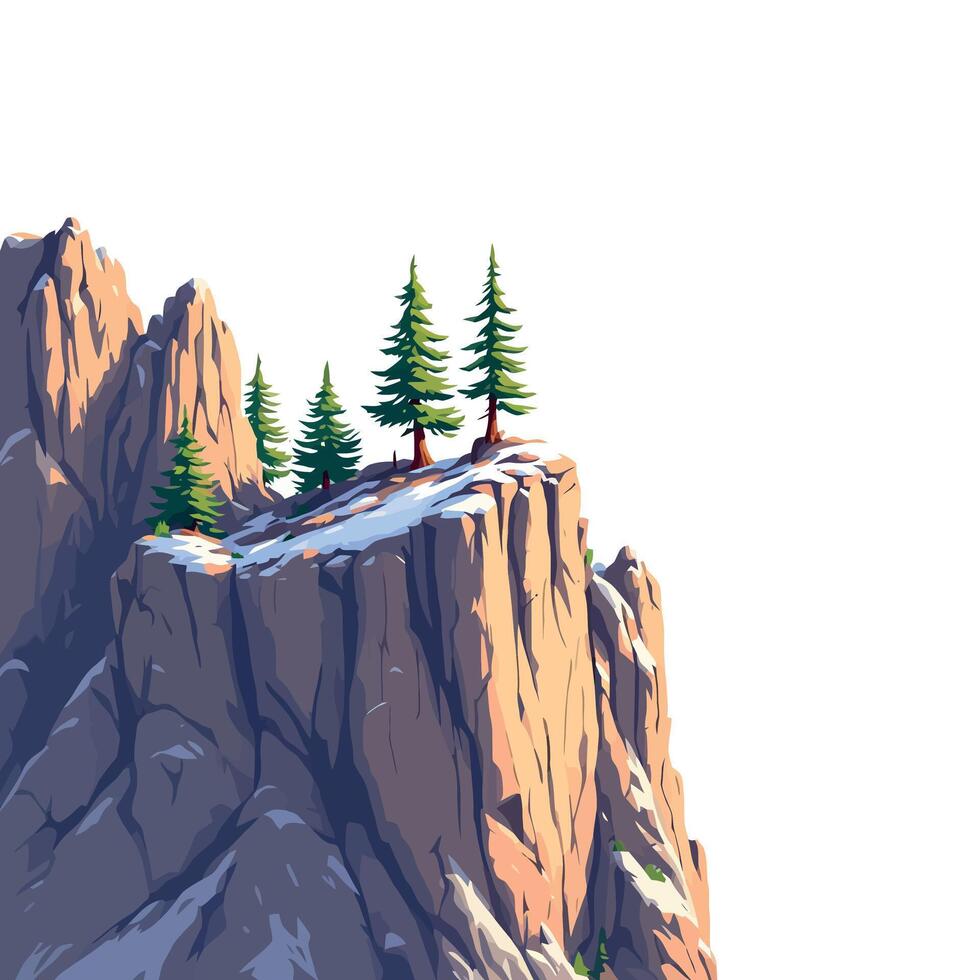 Pine trees growing on snowy mountain cliff edge vector