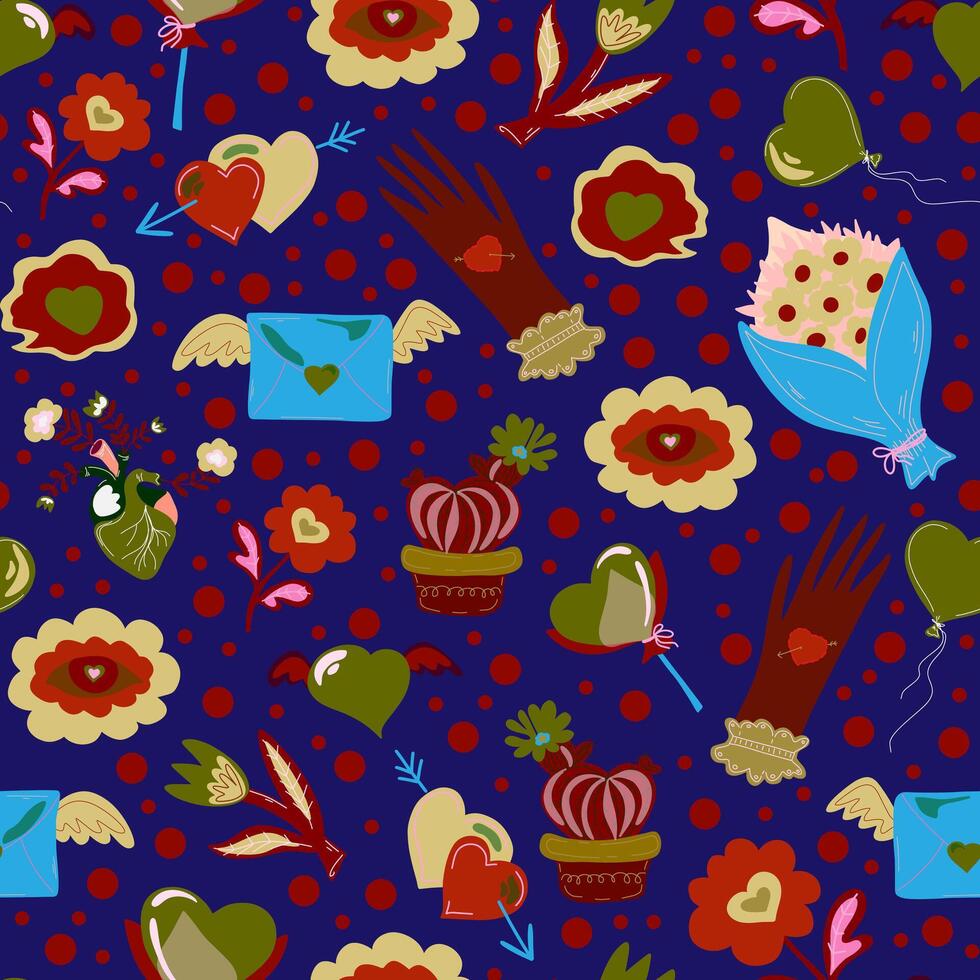 a pattern. with hearts. and flowers on blue background vector
