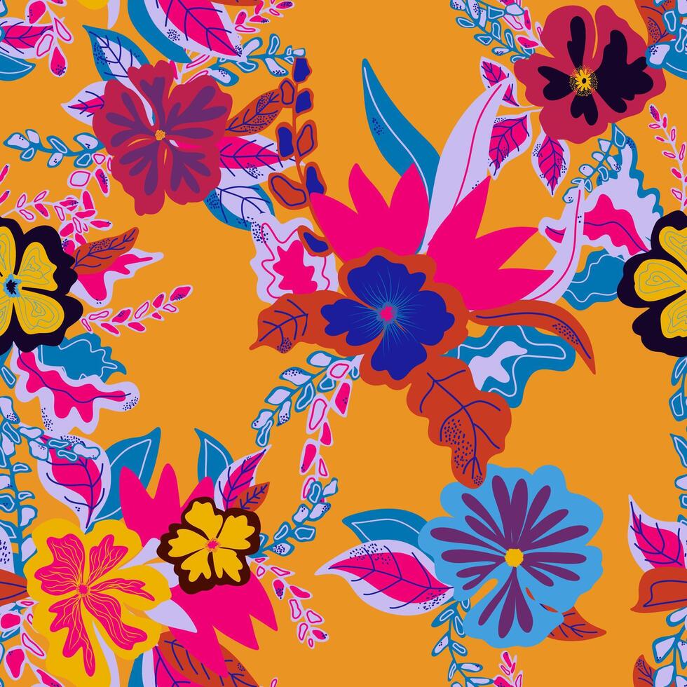 a colorful floral, pattern on an orange background vector