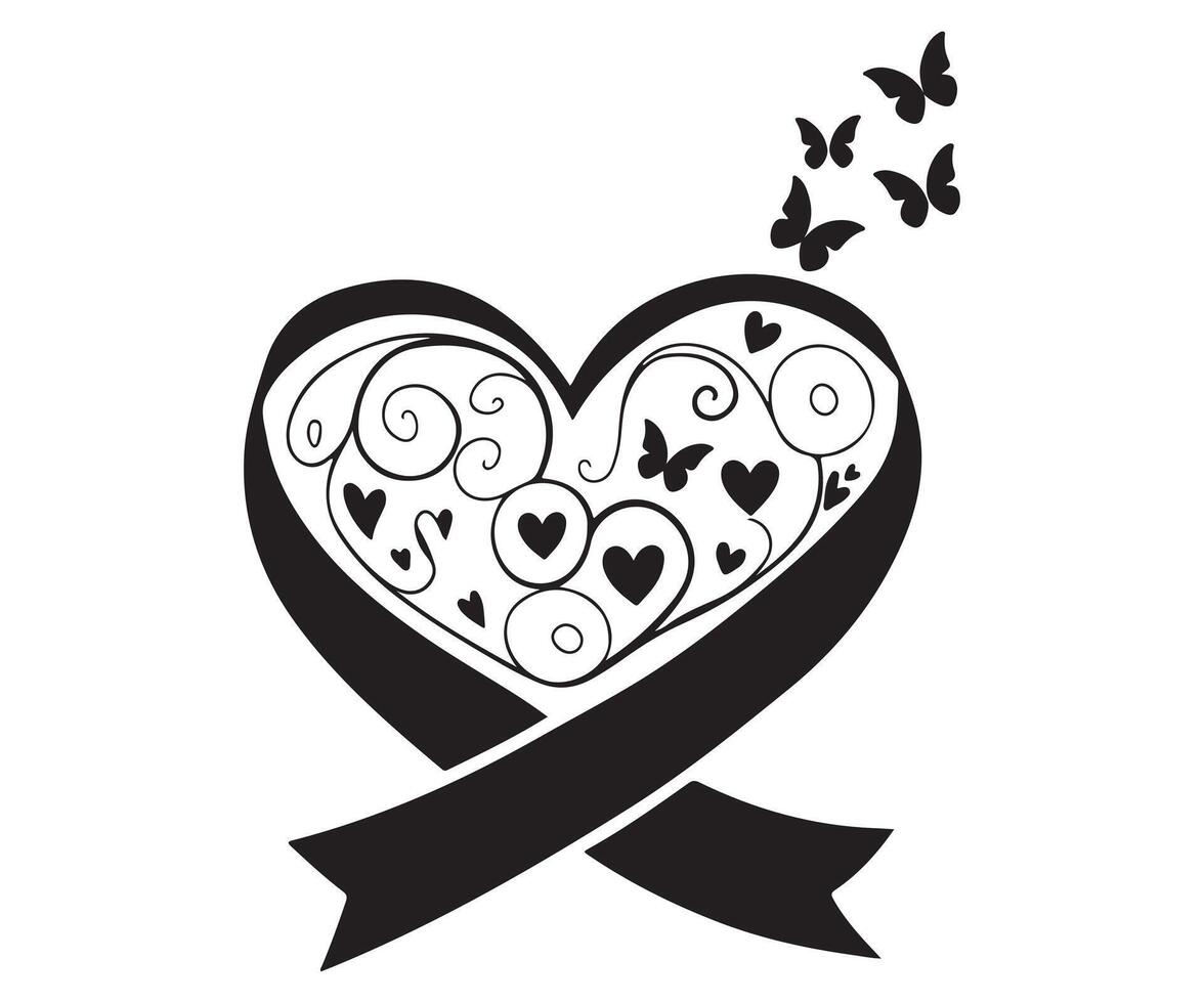 Whimsical Butterfly Heart Ribbon Design Delicate And Elegant Artwork. vector