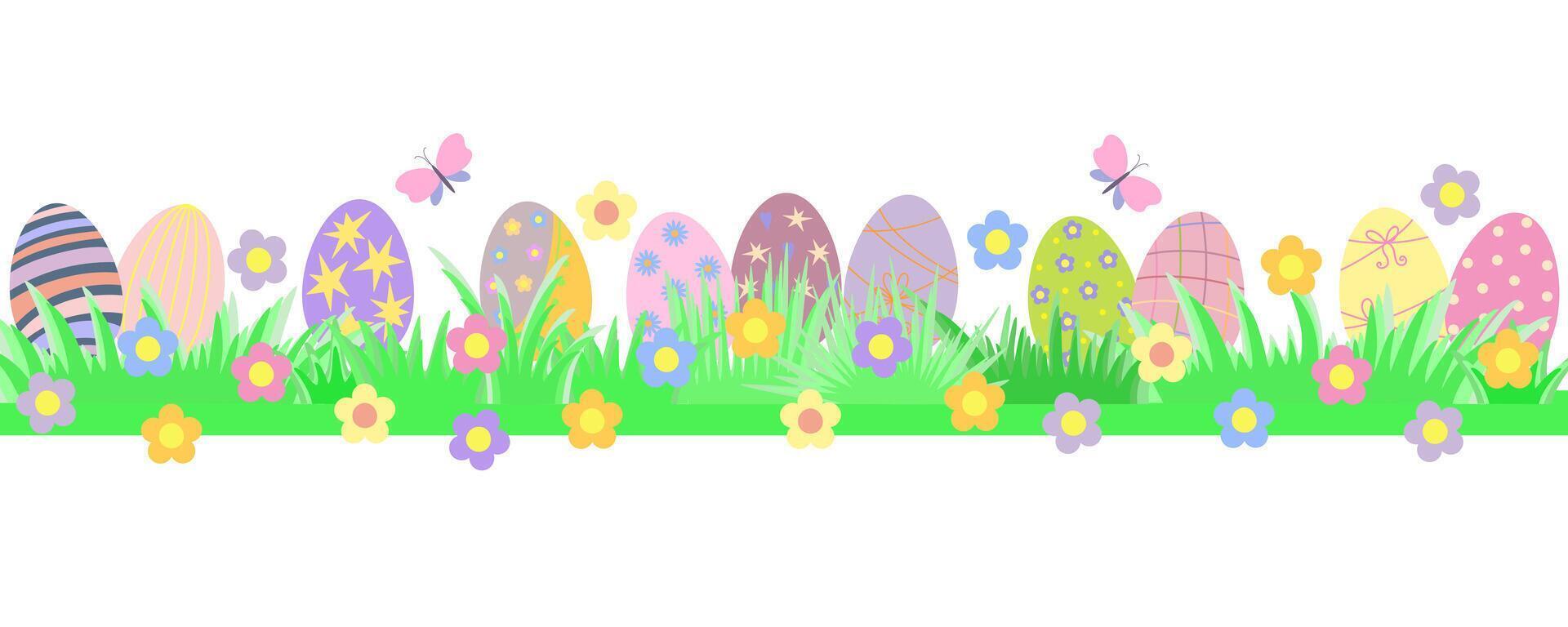 Easter eggs banner with cute flowers, butterfly, doodle grass festive spring meadow pattern horizontal border, hand drawn illustration traditional celebration decor for card, poster, invitation vector