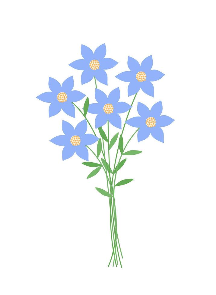Fancy blue flowers bouquet, simple hand drawn illustration, spring garden plant with stem leaves, cartoon design element, Easter holidays celebration clipart for cards, banner, springtime decoration vector