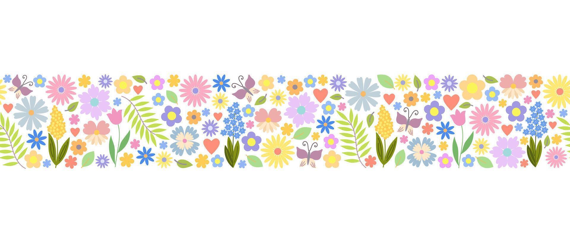 Easter floral banner with cute flowers, butterflies, leaves, hearts early spring meadow ornament seamless horizontal border, hand drawn image traditional festive decor for card, poster vector