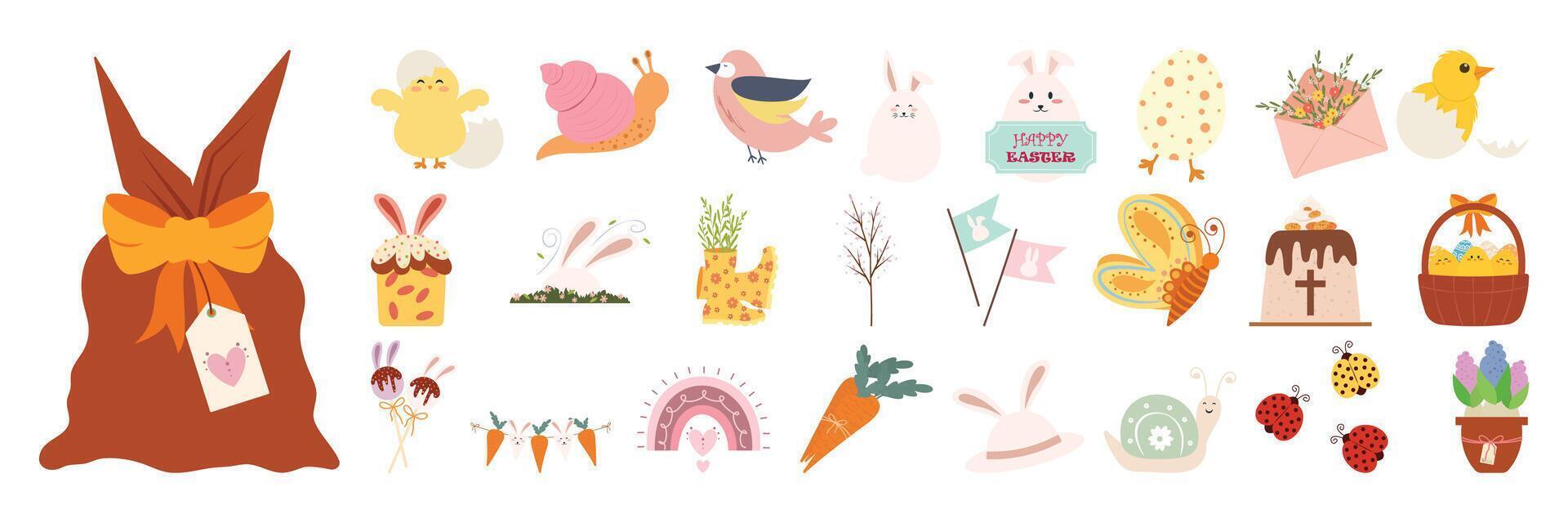 Cute Easter and Spring Elements Collection. Illustration flat set. vector